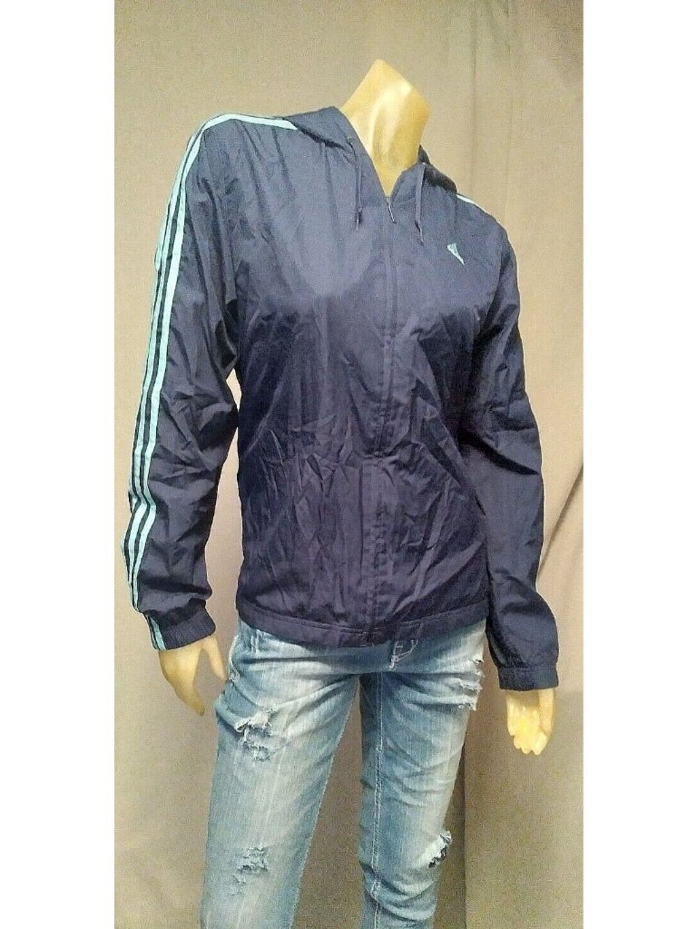 Adidas Navy Blue Front Zip Long Sleeve Hood Top Light Jacket Womens USED MEDIUM